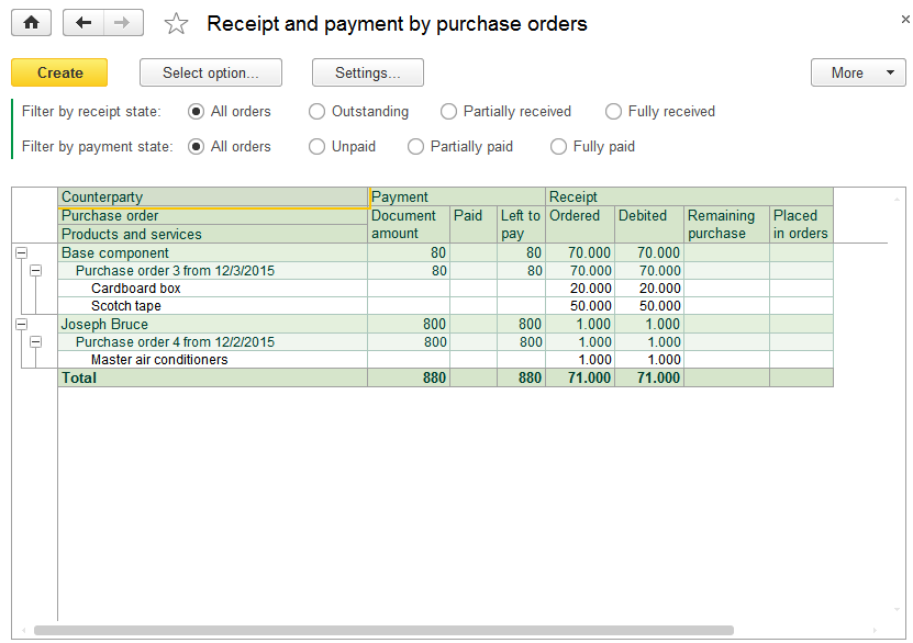 report Receipt and payment by purchase orders at 1С:Підприємство small business